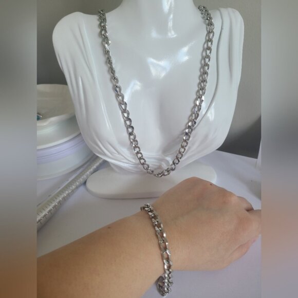 Vintage 14K NKP Silver Tone Men Women Large Chain Link Necklace and Bracelet Set - Picture 3 of 10